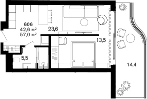 Планировка однокомнатная 57 м² в ЖК «Benefit Sea Breeze Sochi», корпус 1