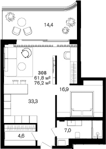 Планировка однокомнатная 76.2 м² в ЖК «Benefit Sea Breeze Sochi», корпус 1