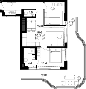 Планировка двухкомнатная 84.1 м² в ЖК «Benefit Sea Breeze Sochi», корпус 1