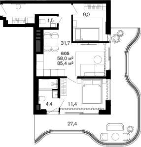 Планировка двухкомнатная 85.4 м² в ЖК «Benefit Sea Breeze Sochi», корпус 1