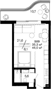 Планировка Студии 46 м² в ЖК «Benefit Sea Breeze Sochi», корпус 1