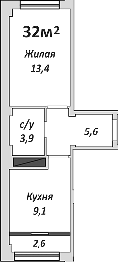 Планировка однокомнатная 34.6 м² в ЖК «Европейский», корпус 7