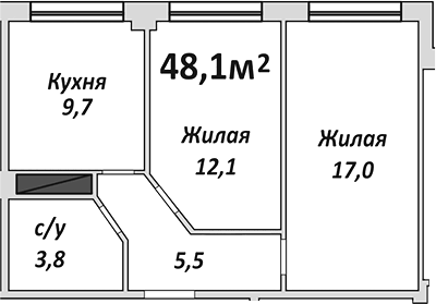 Планировка двухкомнатная 48.1 м² в ЖК «Европейский», корпус 7