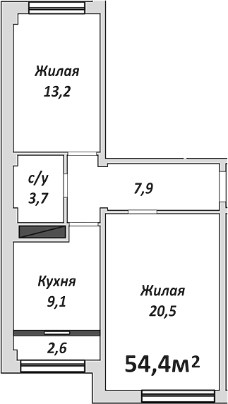 Планировка двухкомнатная 57 м² в ЖК «Европейский», корпус 7
