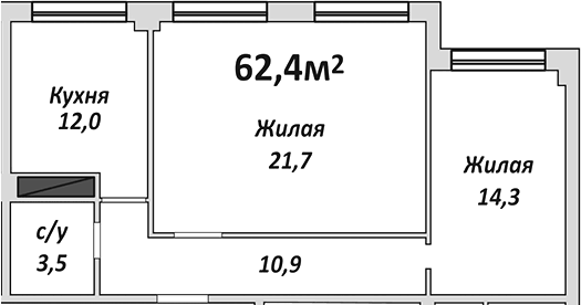 Планировка двухкомнатная 62.4 м² в ЖК «Европейский», корпус 7
