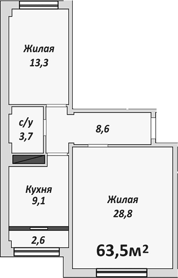 Планировка двухкомнатная 66.1 м² в ЖК «Европейский», корпус 7