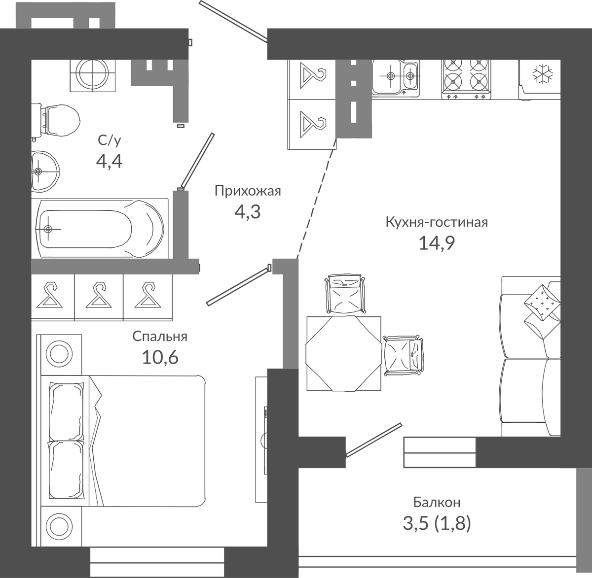 Планировка однокомнатная 36 м² в ЖК «Флора», корпус 5