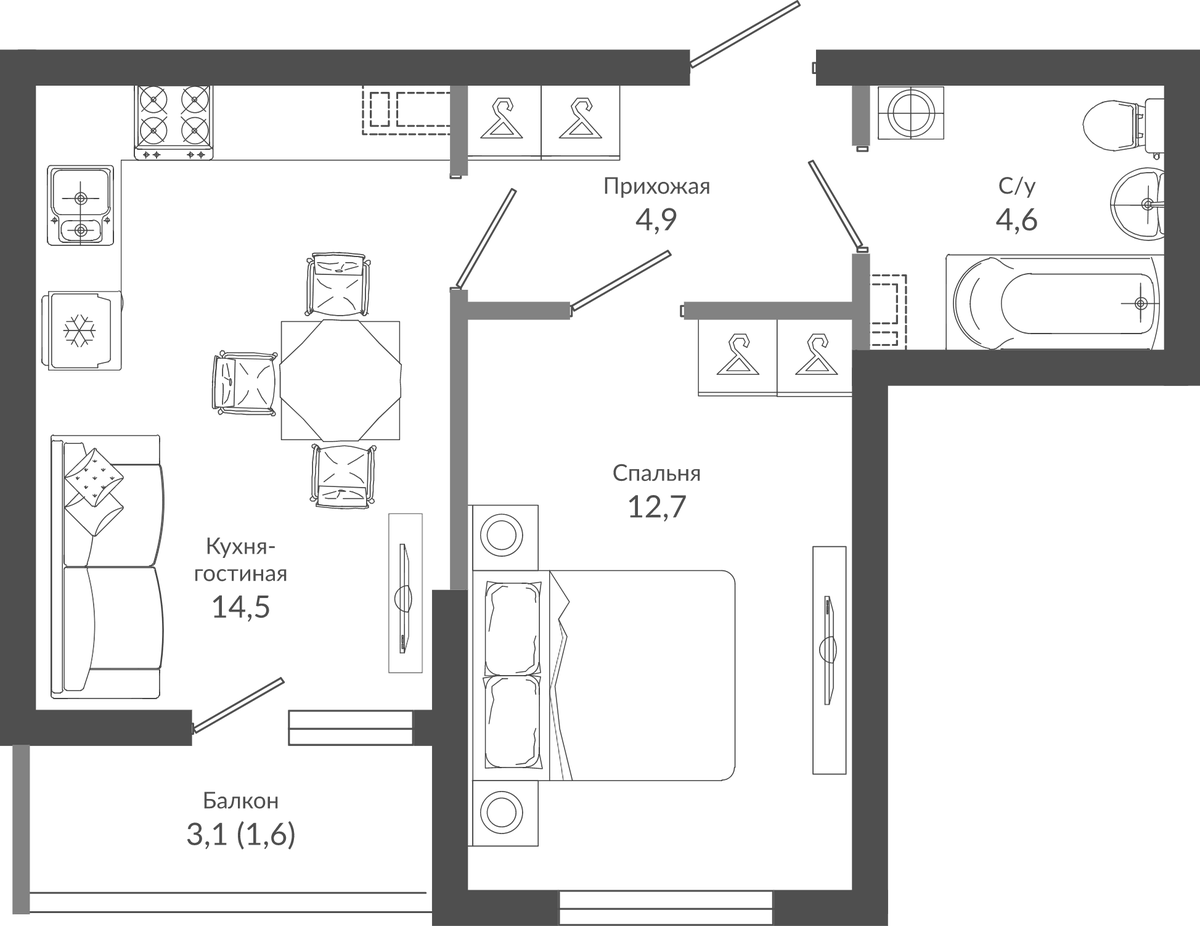 Планировка однокомнатная 38.3 м² в ЖК «Флора», корпус 5