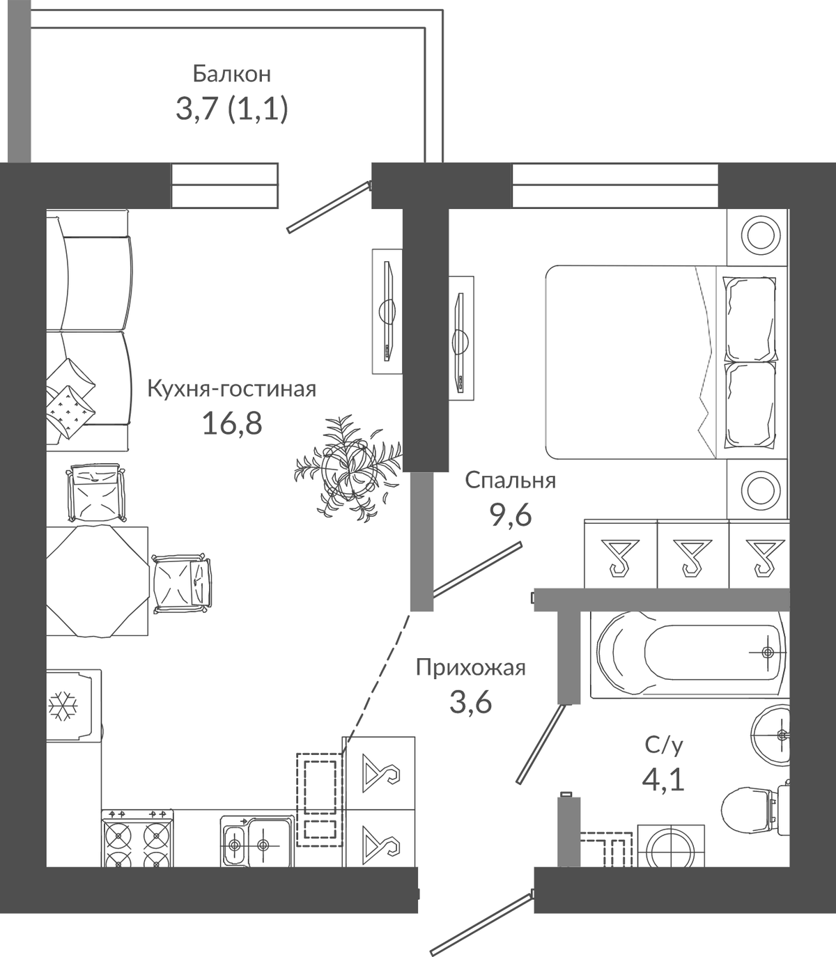 Планировка евродвушка (2Е) 35.2 м² в ЖК «Флора», корпус 5