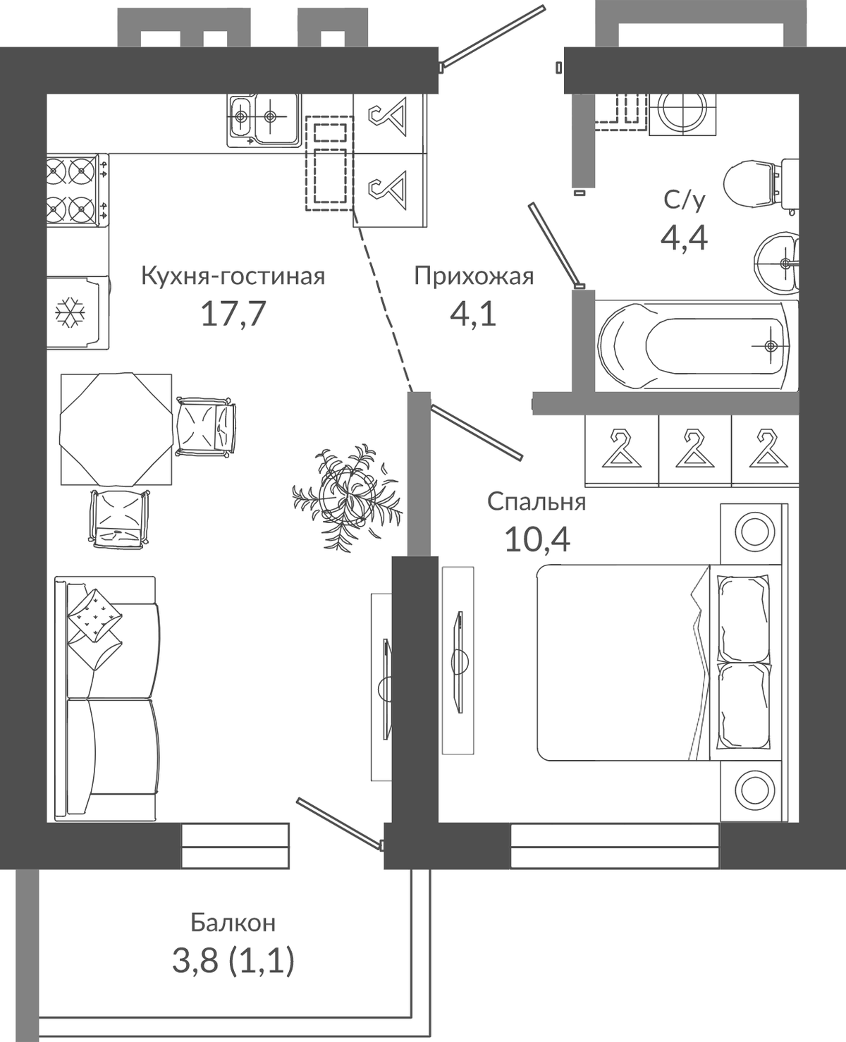 Планировка евродвушка (2Е) 37.7 м² в ЖК «Флора», корпус 5