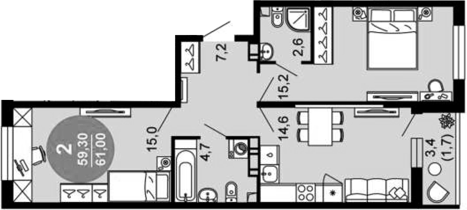 Планировка двухкомнатная 61 м² в ЖК «Флора», корпус 3