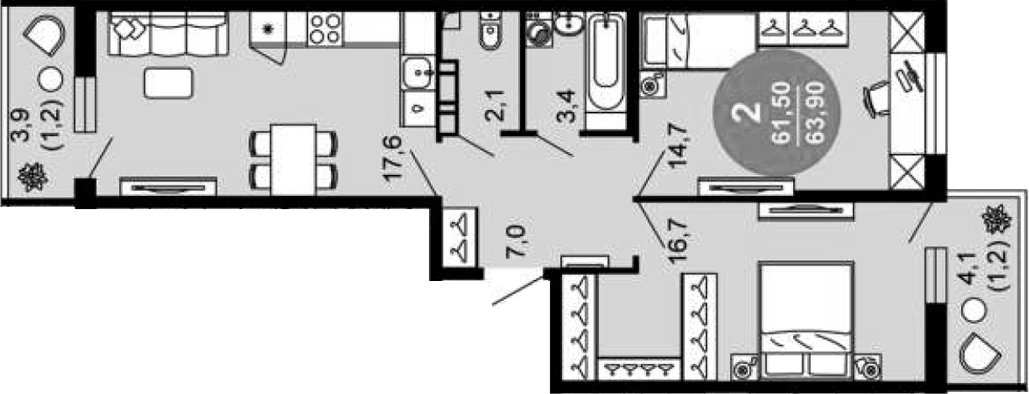Планировка евротрёшка (3Е) 63.9 м² в ЖК «Флора», корпус 3