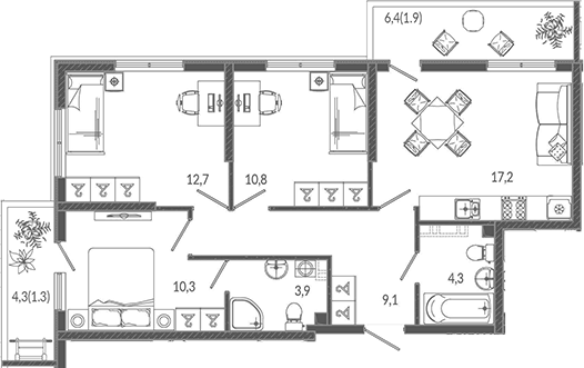 Планировка евро-4 (4Е) 71.5 м² в ЖК «Флора», корпус 1