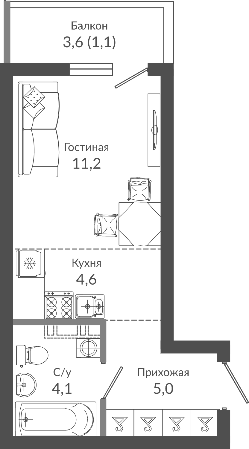 Планировка Студии 26 м² в ЖК «Флора», корпус 5