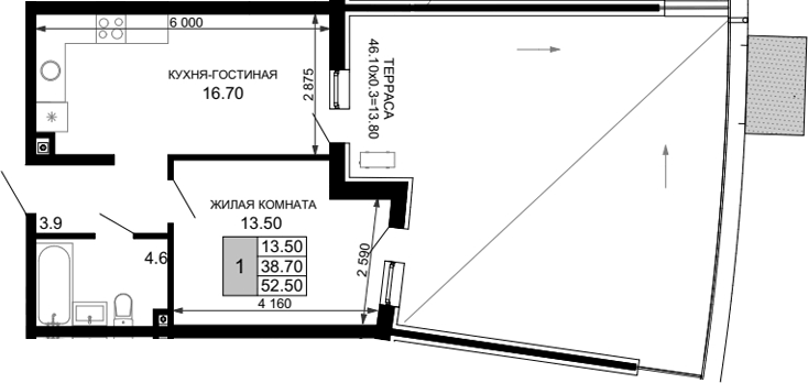 Планировка евродвушка (2Е) 52.5 м² в ЖК «Фонтаны», корпус 23