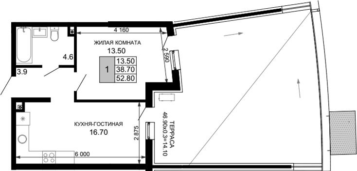 Планировка евродвушка (2Е) 52.8 м² в ЖК «Фонтаны», корпус 23