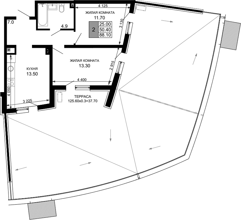 Планировка двухкомнатная 88.1 м² в ЖК «Фонтаны», корпус 23