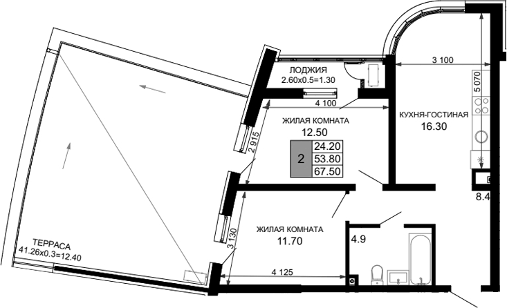 Планировка евротрёшка (3Е) 67.5 м² в ЖК «Фонтаны», корпус 23