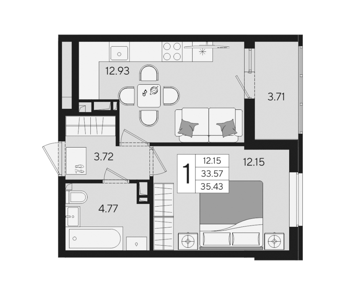 Планировка однокомнатная 35.43 м² в ЖК «Форма», корпус 14