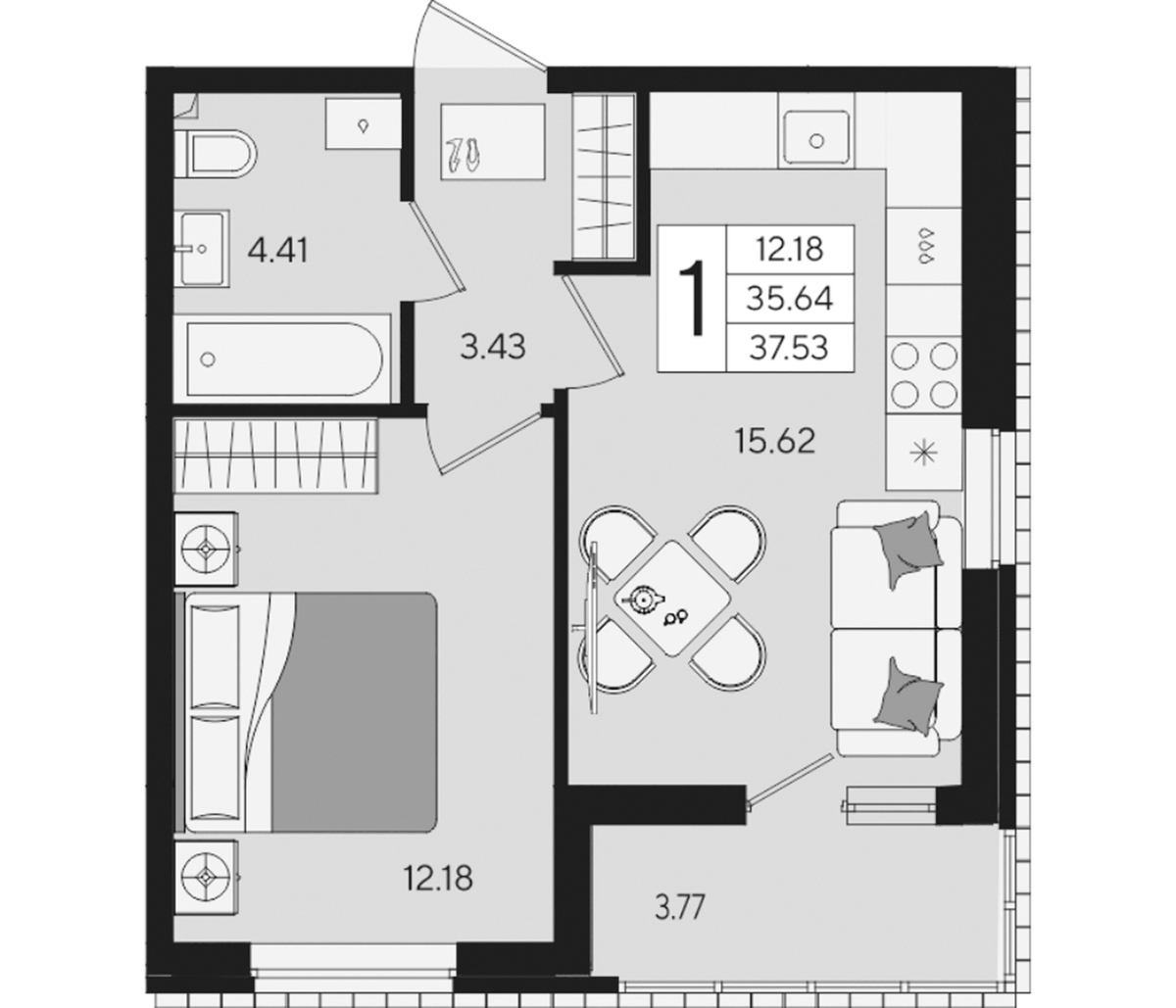 Планировка однокомнатная 37.53 м² в ЖК «Форма», корпус 15