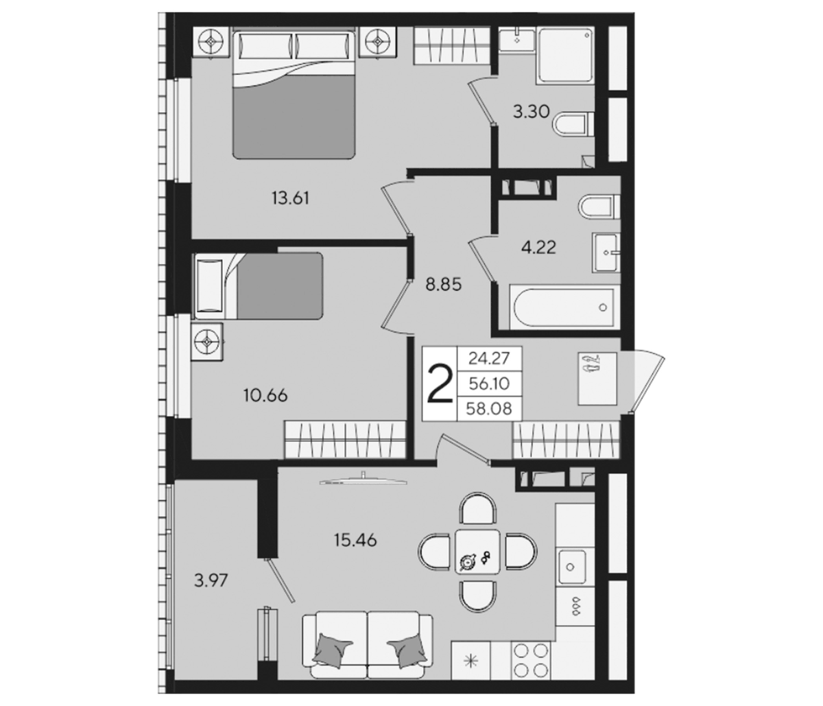 Планировка двухкомнатная 58.08 м² в ЖК «Форма», корпус 14