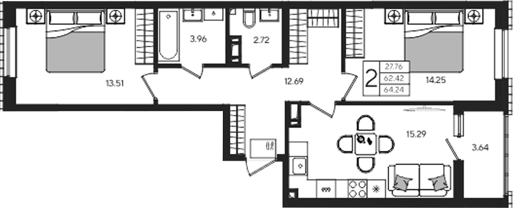 Планировка двухкомнатная 64.24 м² в ЖК «Форма», корпус 9