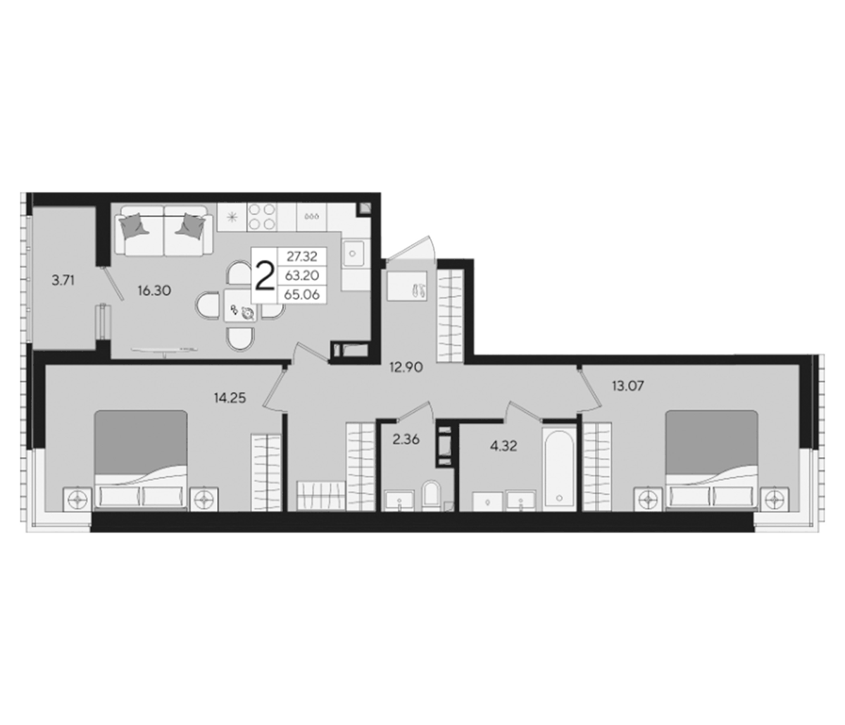 Планировка двухкомнатная 65.06 м² в ЖК «Форма», корпус 14