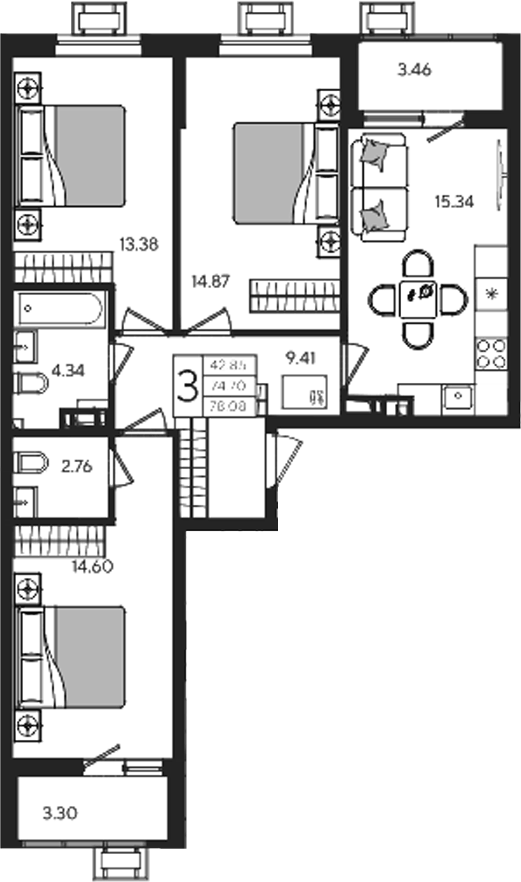 Планировка трёхкомнатная 78.08 м² в ЖК «Форма», корпус 1