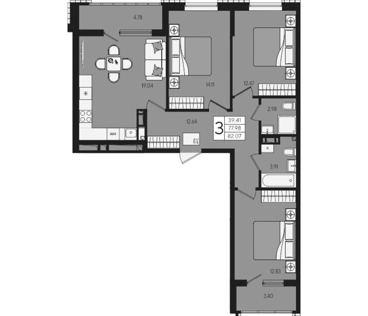 Планировка трёхкомнатная 82.07 м² в ЖК «Форма», корпус 14