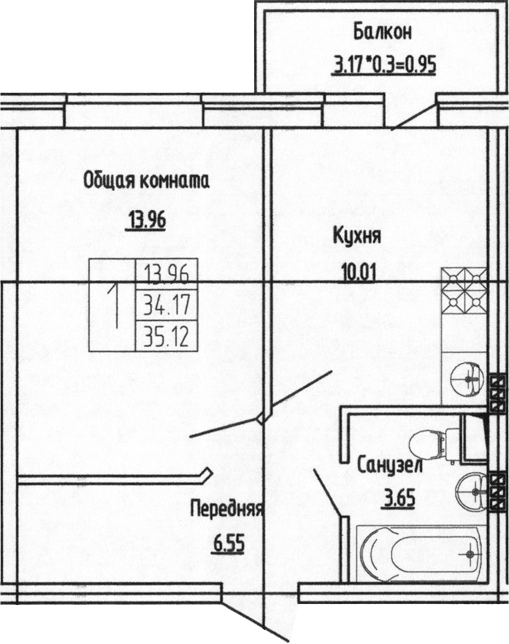 Планировка однокомнатная 35.12 м² в ЖК «Фруктовый сад», корпус 1