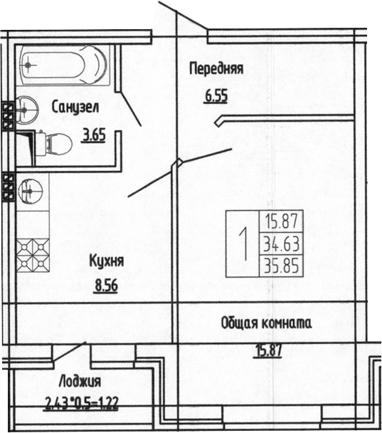 Планировка однокомнатная 35.85 м² в ЖК «Фруктовый сад», корпус 1