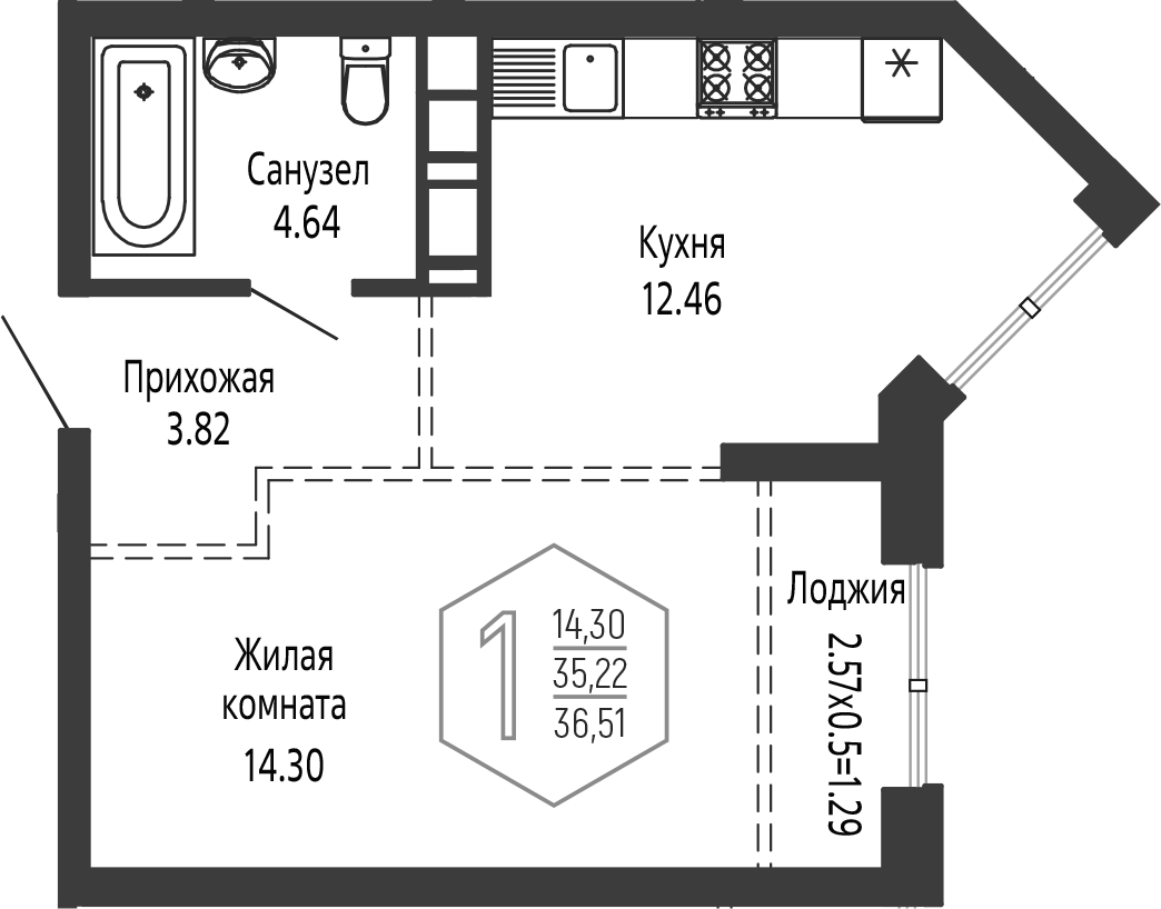 Планировка однокомнатная 36.51 м² в ЖК «Гарантия PRIME», корпус 4