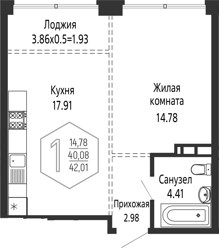 Планировка евродвушка (2Е) 42.01 м² в ЖК «Гарантия PRIME», корпус 6