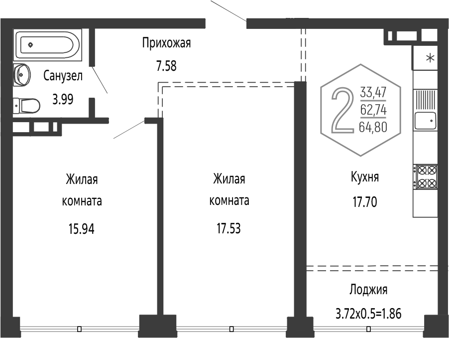 Планировка евротрёшка (3Е) 64.6 м² в ЖК «Гарантия PRIME», корпус 2