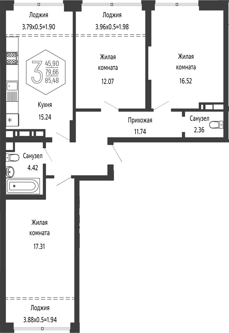 Планировка евро-4 (4Е) 85.48 м² в ЖК «Гарантия PRIME», корпус 4