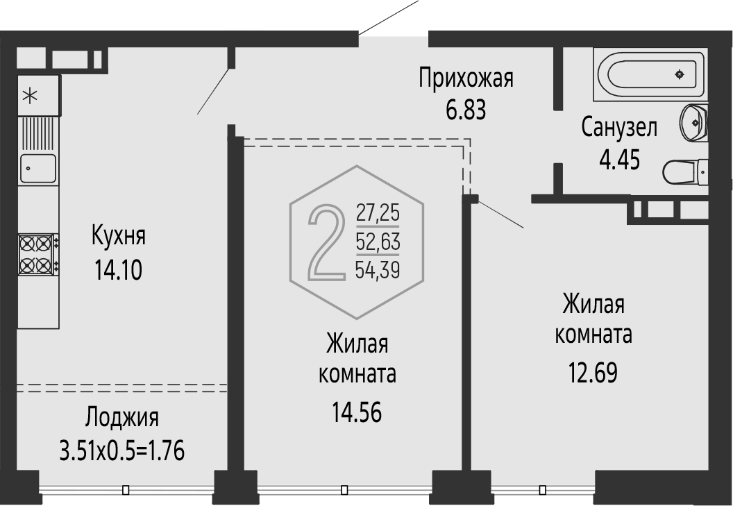 Планировка свободная планировка 54.39 м² в ЖК «Гарантия PRIME», корпус 6