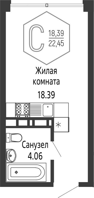 Планировка Студии 22.45 м² в ЖК «Гарантия PRIME», корпус 4