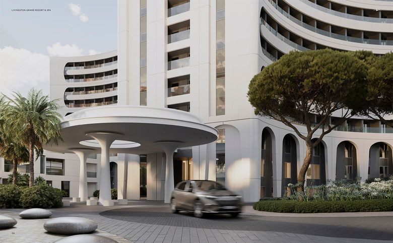 ГК Livingston Grand Resort&Spa — Въездная группа с навесом-грибом, пальмами и озеленением у г
