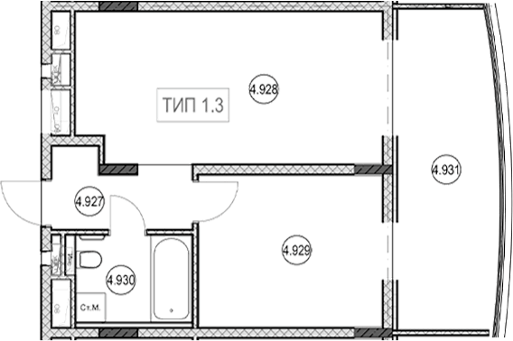 Планировка евродвушка (2Е) 54.6 м² в ЖК «ГК Сан Гарден Хотел&СПА», корпус 2