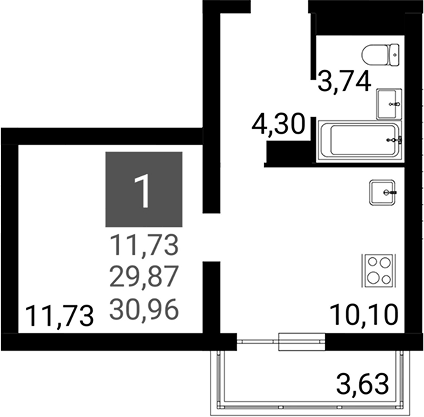 Планировка однокомнатная 29.87 м² в ЖК «Горгиппия Морская. ОБД-Инвест», корпус 29