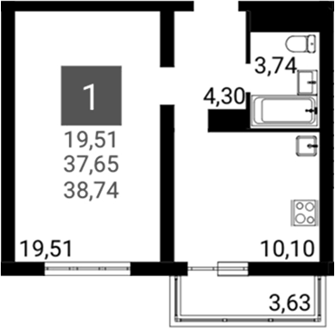 Планировка однокомнатная 37.65 м² в ЖК «Горгиппия Морская. ОБД-Инвест», корпус 28