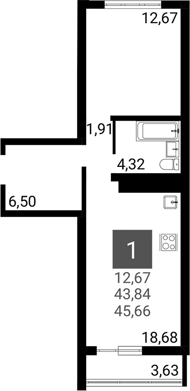 Планировка однокомнатная 43.84 м² в ЖК «Горгиппия Морская. ОБД-Инвест», корпус 29