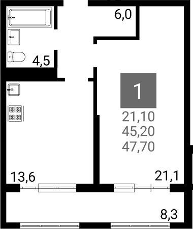 Планировка однокомнатная 47.7 м² в ЖК «Горгиппия Морская. ОБД-Инвест», корпус 11
