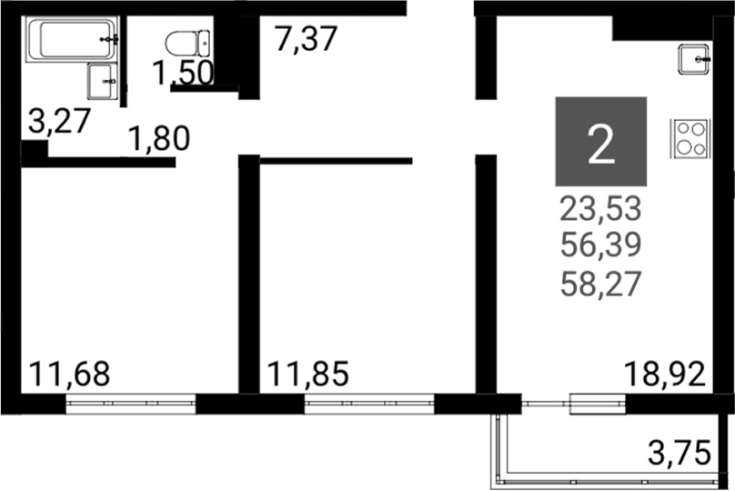 Планировка двухкомнатная 56.39 м² в ЖК «Горгиппия Морская. ОБД-Инвест», корпус 28