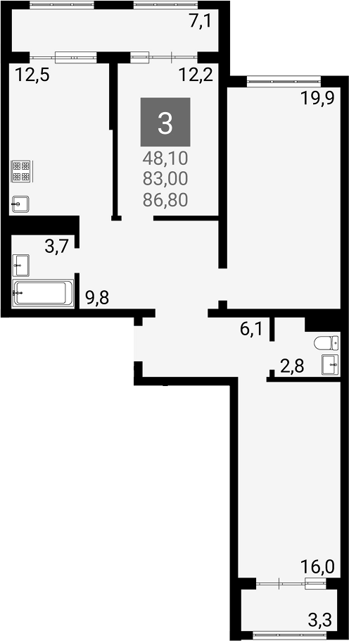 Планировка трёхкомнатная 86.8 м² в ЖК «Горгиппия Морская. ОБД-Инвест», корпус 11