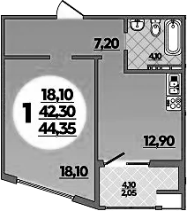 Планировка однокомнатная 44.35 м² в ЖК «Горгиппия», корпус 2 (монолит)