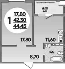 Планировка однокомнатная 44.45 м² в ЖК «Горгиппия», корпус 2 (монолит)