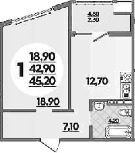 Планировка однокомнатная 45.2 м² в ЖК «Горгиппия», корпус 2 (монолит)