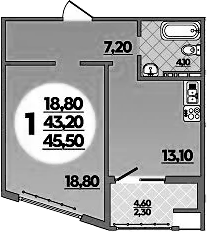 Планировка однокомнатная 45.5 м² в ЖК «Горгиппия», корпус 2 (монолит)