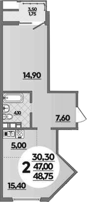 Планировка евродвушка (2Е) 48.75 м² в ЖК «Горгиппия», корпус 2 (монолит)